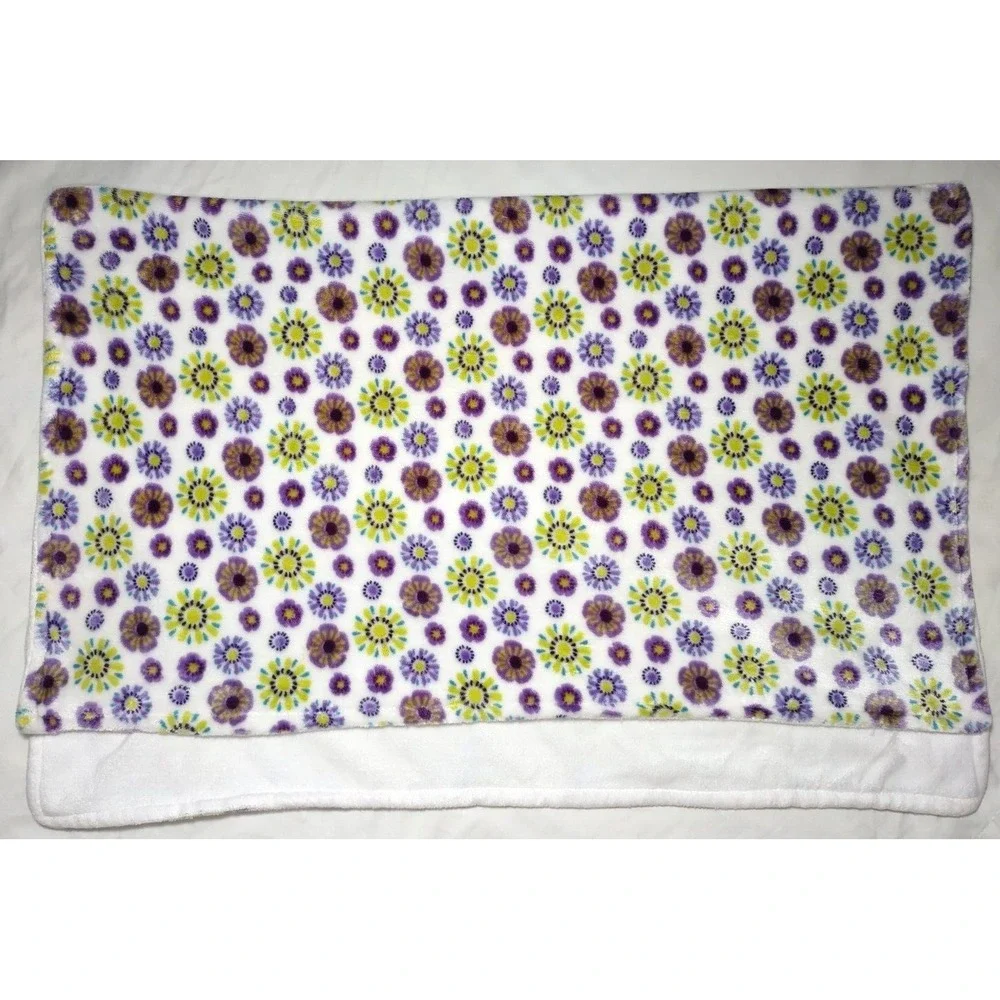 Purple Green Flower Blanket Baby Girl White Plush Soft htf 30x38 Mink‎ Lovey